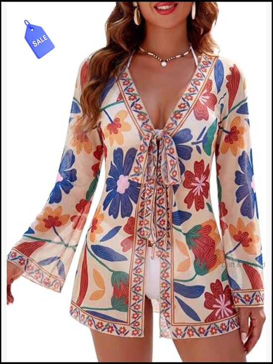 Other - Mesh Floral Bell Sleeve Kimono Cardigan Cover Up V-Neck Drawstring Beach Dress